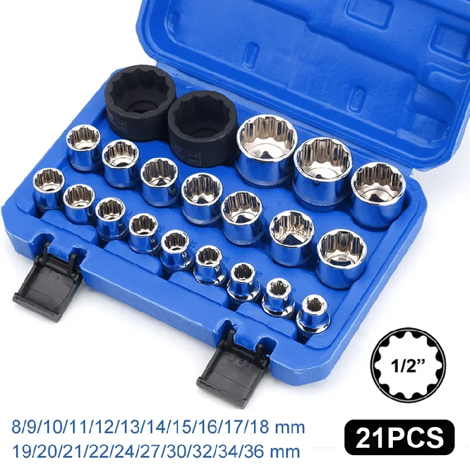 21Pcs Ratchet Wrench Tool 1/2 Torx Sockets Set 12-point 8-36mm Specification Socket Head Set Multi-Tooth Socket Set Auto Repair