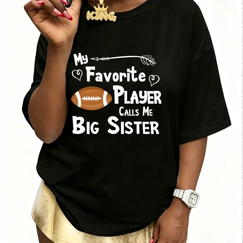 Favorite Player Big Sister Football Women's 100% Cotton T-Shirt Fun Print Short Sleeve Top Casual Round Neck Tee S-5Xl