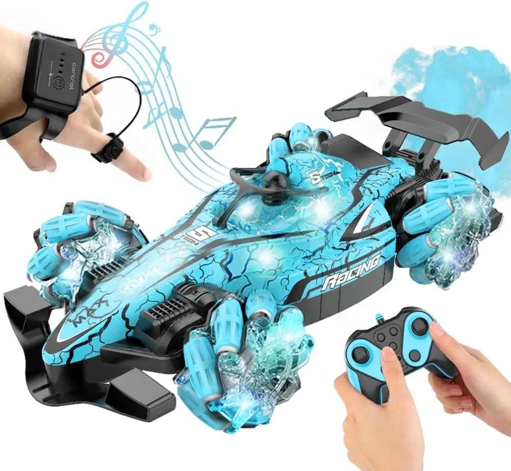 

RC Stunt Car, 2.4GHz Remote Control Gesture Sensor Toy Cars, 360° Rotating Off Road Vehicle with Lights Music & Spray Launcher