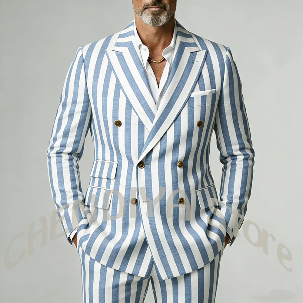 

Casual Wide Striped Men's Suit Double Breasted Peaked Lapel Tailored Costume Homme Smart Business Office Daily Party Outfit