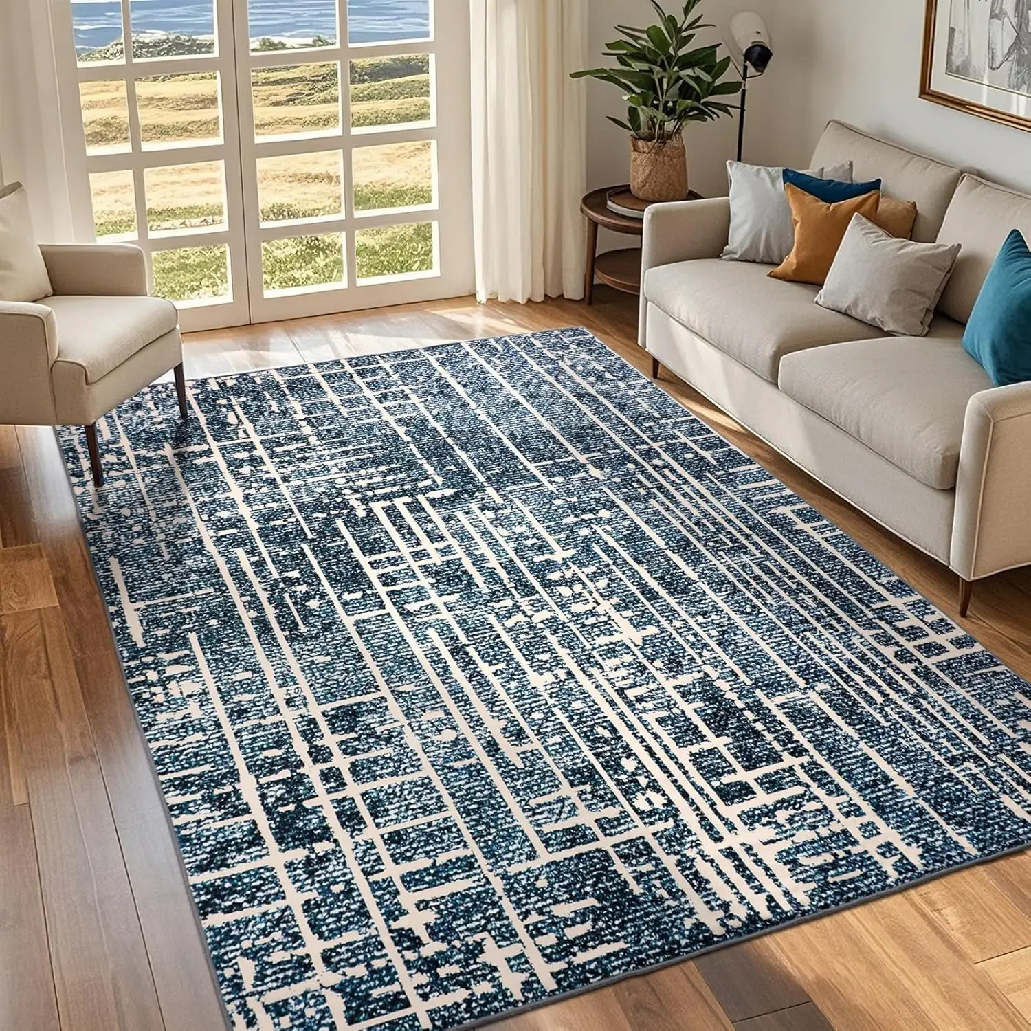 Modern Abstract Area Rug Washable Rugs for Living Room Non Slip, Faux Wool Low Pile Bedroom Floor Carpet for Dining Room, Kids'