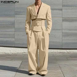 Fashion Casual Style Sets INCERUN Men's Cropped Waistband Design Suit Wide Leg Long Pant Handsome Male Solid Suit 2 Pieces S-5XL