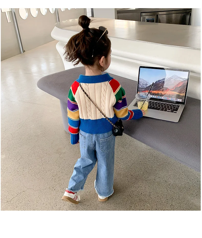 2023 Spring Sweater Children\'s Clothing Girl Zipper Short Thin Sweater Rainbow Splice Sleeve Fashion Sweater