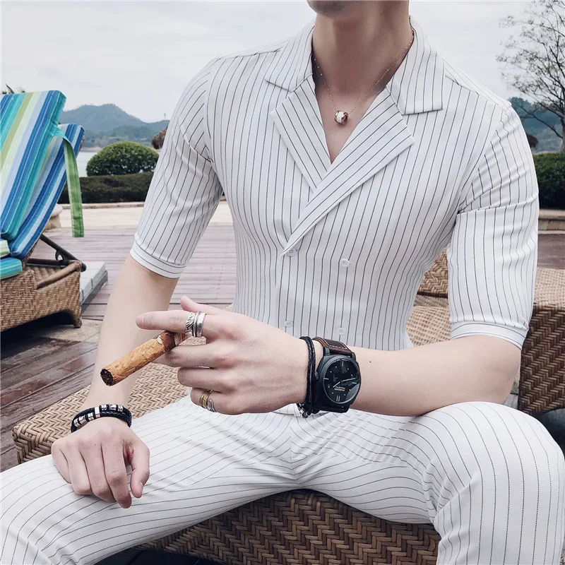 

Double Breasted Formal Pant Shirt for Men Set Summer Costume Mariage Homme Black White Grey Blue Stripe Suit Set Smoking Uomo