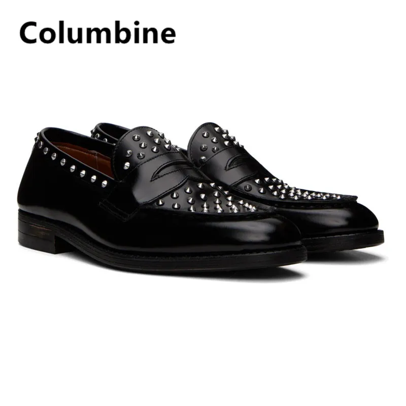 

Black Handmade Men Shoes Fashion New Mens Studs Spike Shoes Silver Glitter Loafers Shoes Runway Shining Rivets Dress Shoes