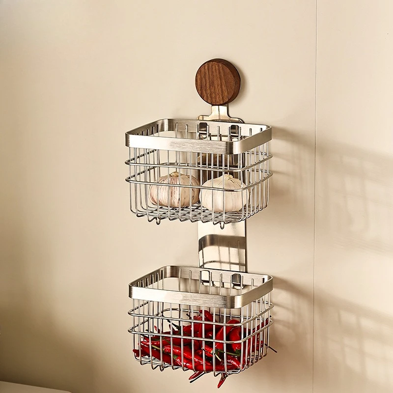 Kitchen Walnut Onion Ginger Garlic Storage Box Non-punching Wall-mounted Multifunctional Vegetable and Fruit Hanging Basket