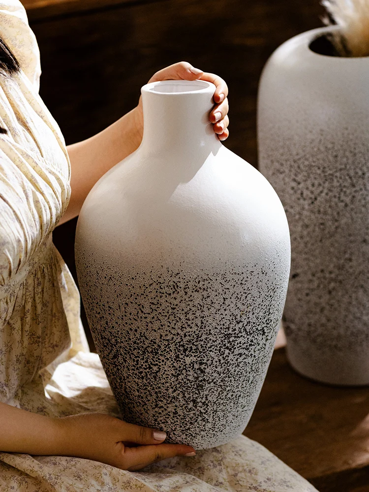 

Retro Large White Ceramic Flower Vase for Living Room Zen Chinese Style Wabi Sabi Clay Jar Decoration Home Decor Accessories