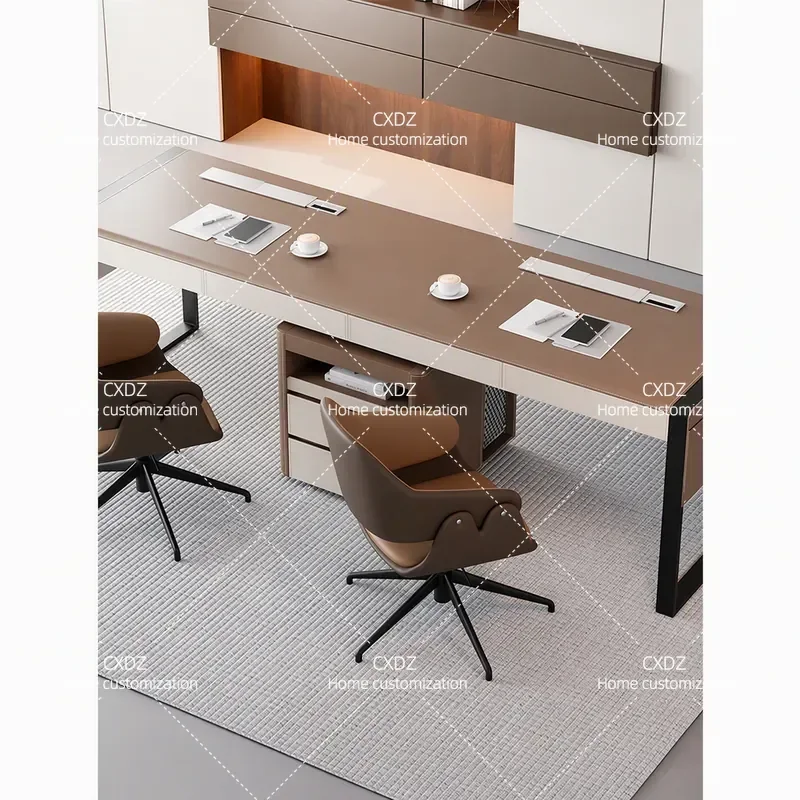 Italian Minimalist Saddle Leather Double Workstation Solid Wood Office Computer Desk Writing Table for Staff