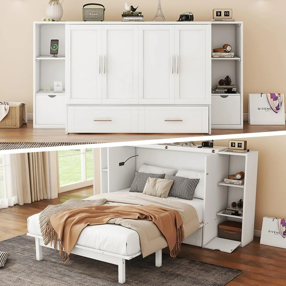 

Full Murphy Bed Cabinet with Storage Shelves, 2 Drawers & USB Ports, Wood Mobile Cabinet Bed Murphy Chest Bed, Space-Saving