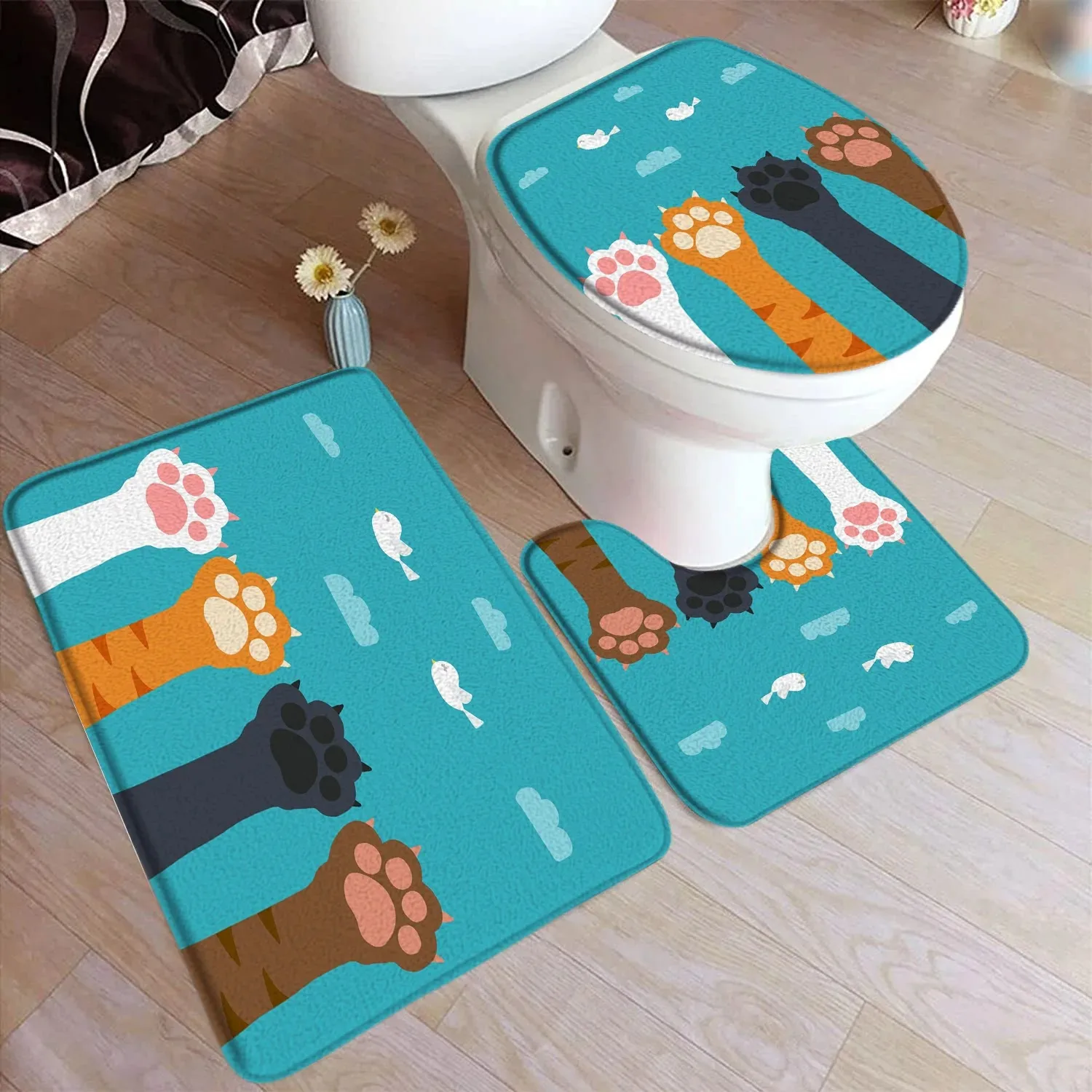 

Cute Cartoon Cat Paw Bath Mat Set White Bird Funny Animals Kids Home Doormat Carpet Child Bathroom Decor Floor Rugs Toilet Cover