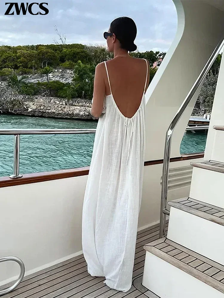 Sexy Backless Solid Sling Long Dress Women Loose Sleeveeless Empire Female Dresses 2024 Autumn New Holidays Lady Beach Robes