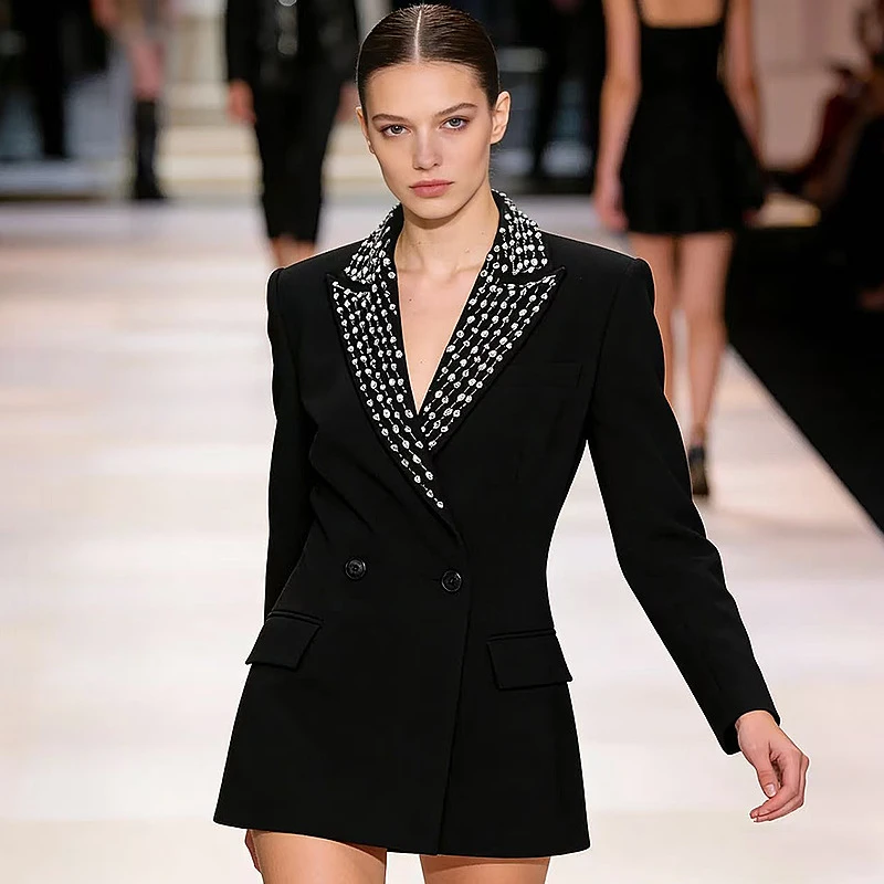 

Женский черный блейзер со стразами, элегантный двубортный пиджак, роскошная лацкан с бисером, официальный офисный блейзер для женщин