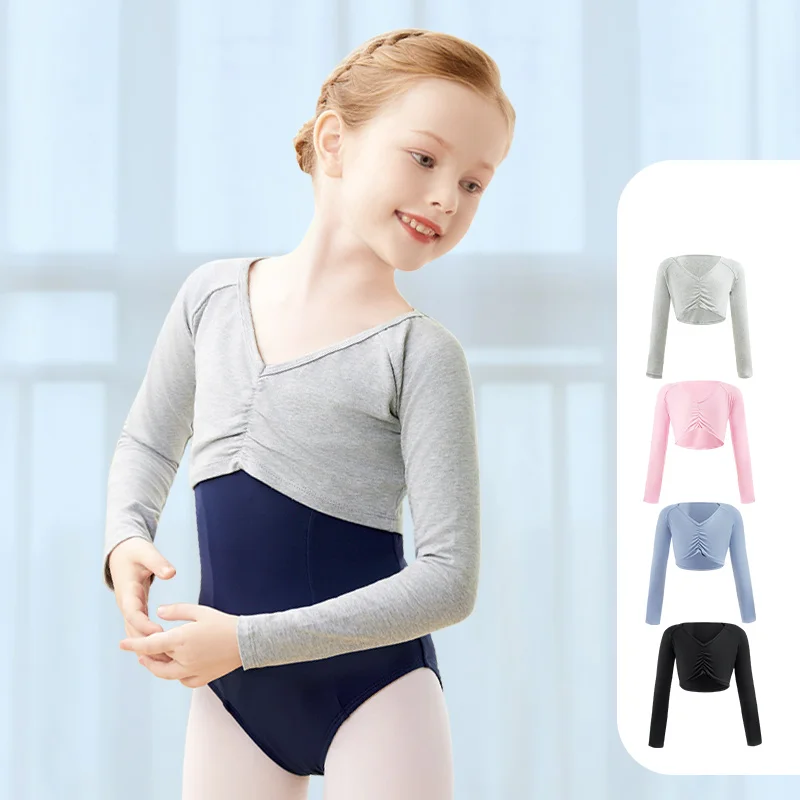 Kids Ballet Tops Long Sleeve Jacket Girls Dance Practice Wear Cotton Cropped Overal for Ballet Class Training Leotard Cover
