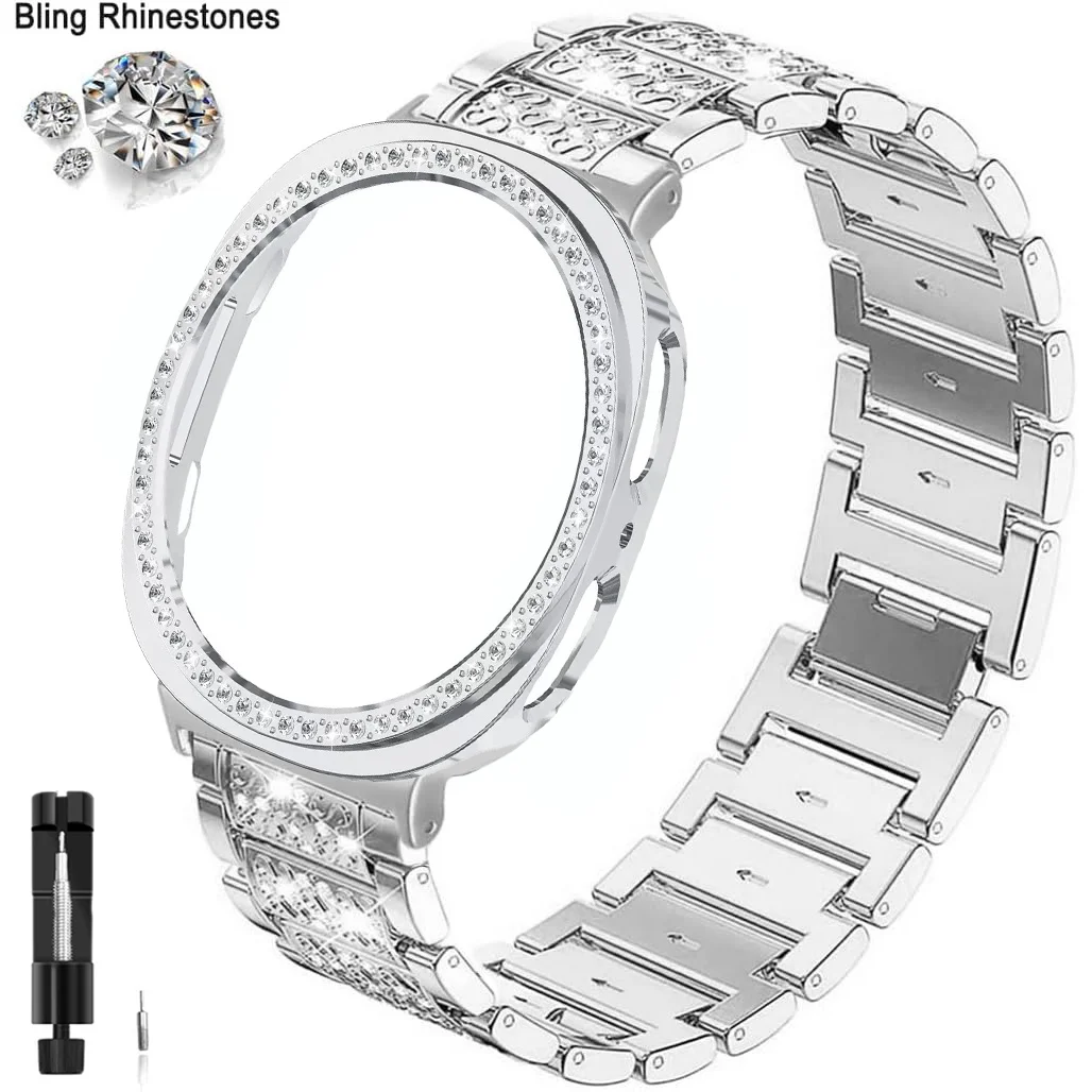 Rhinestone Watch Band for Samsung Galaxy Watch9 44mm / Watch8 44mm 3-Bead Stainless Steel Strap with Half-wrap Protective Case a
