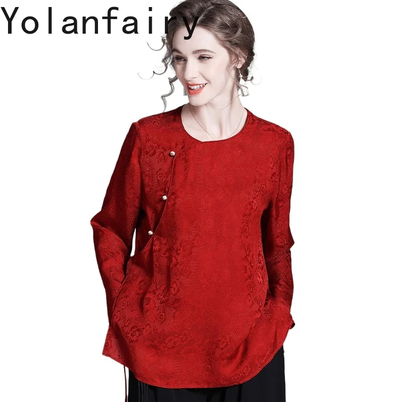 

YOLANFAIRY 70% натуральные шелковые рубашки из тутового шелкопряда для женщин, винтажная блузка с круглым вырезом, с длинным рукавом, элегантные жаккардовые красные топы 2026 года