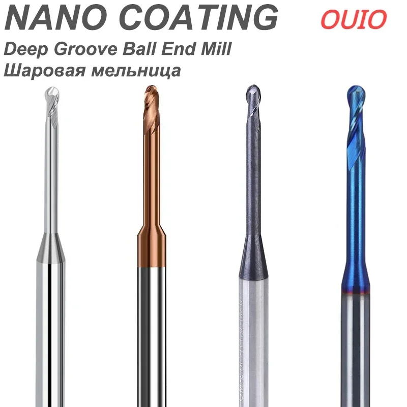 OUIO 1pc HRC60 Long Neck Ball Nose End Mills Deep Groove Carbide Milling Cutters CNC Router R0.15 R0.2 R0.3 R0.5 Taper Endmills