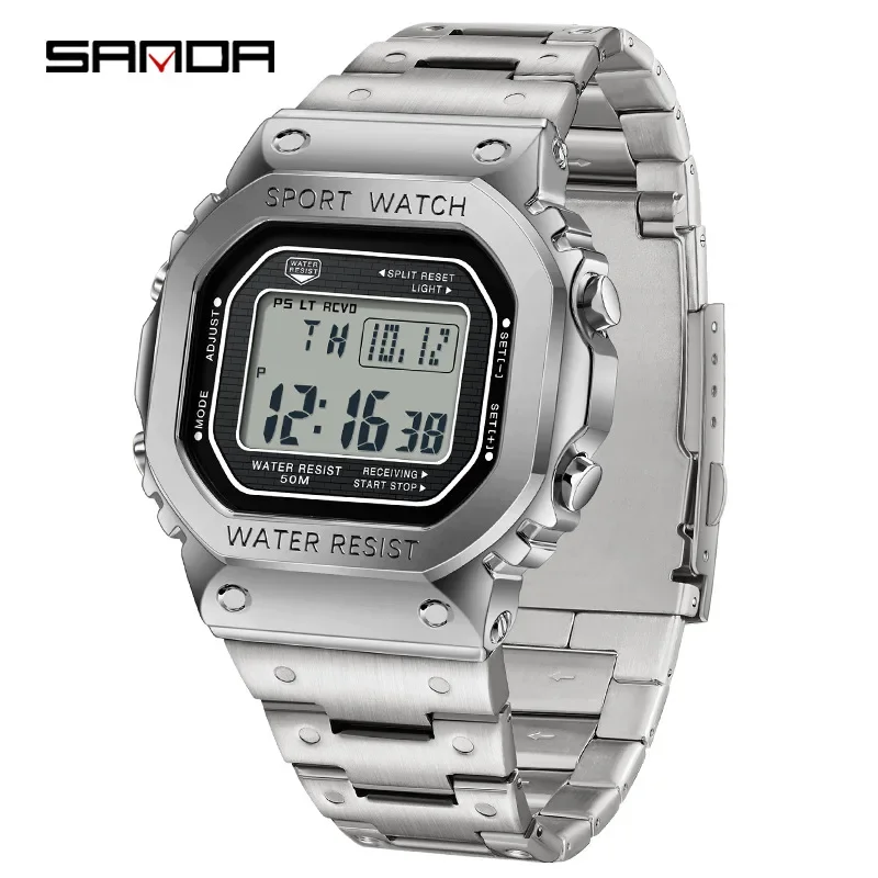 SANDA 2162 Men\'s Electronic Watch Square Waterproof Multi functional Wrist Watch Square Fashion Night Light Steel Digit Watches