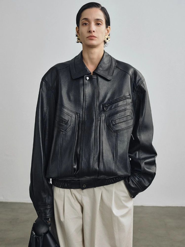 Vintage Genuine Leather Motorcycle Jackets for Women Spring Autumn 2025 New High-end Solid Simple Loose Soft Real Sheepskin Coat