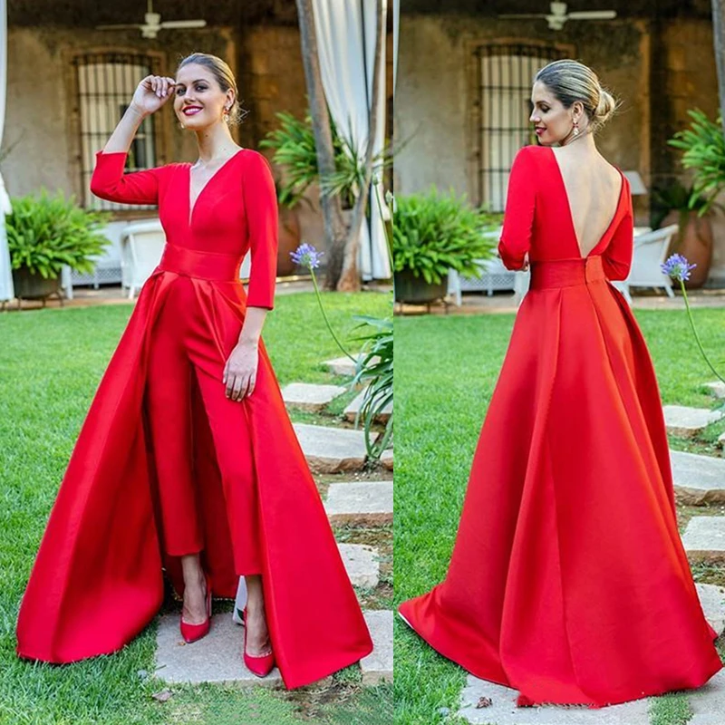 Red Ladies Party Dress Pants Jumpsuit Formal Evening Dress with Detachable Sskirt Sweetheart Ball Gown Vestidos فساتين السهرة