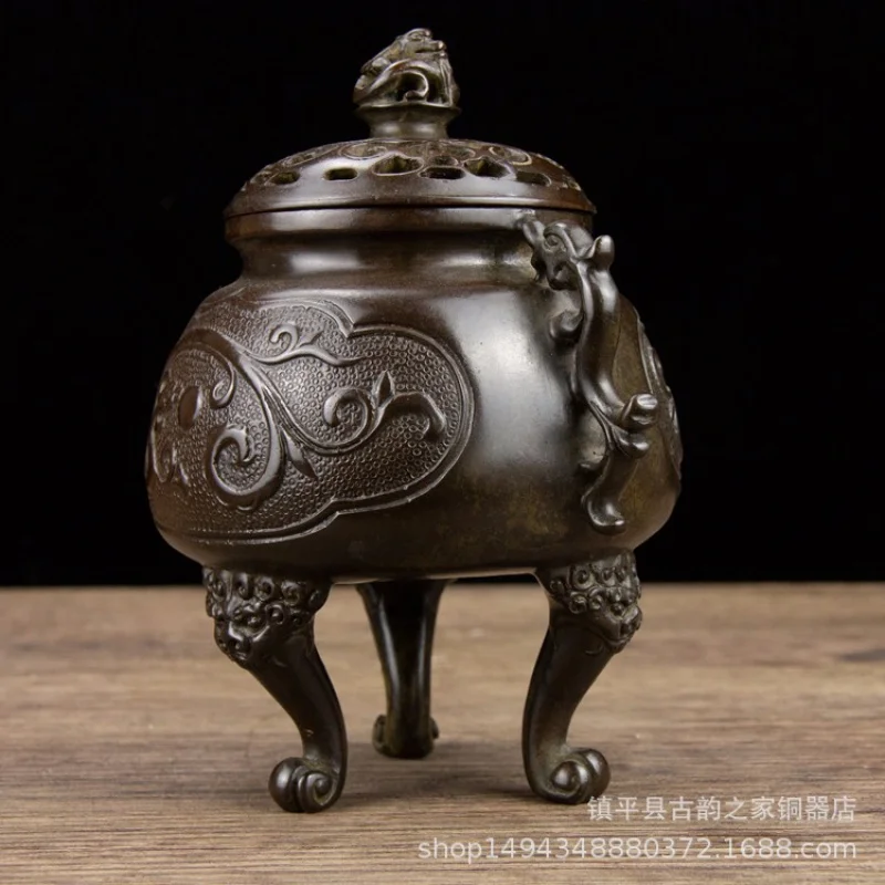 Pure Copper Dragon Pattern Chih Ear Three Beast Foot Incense Burner Ornament Office Living Room Shop Desktop Deco