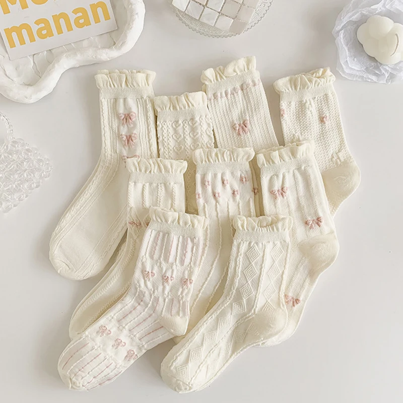 Simple White Socks Versatile Lovely Bowknot Small Flowers Women's Medium Tube Socks Kawaii Harajuku Jk Lolita Girls Cotton Socks