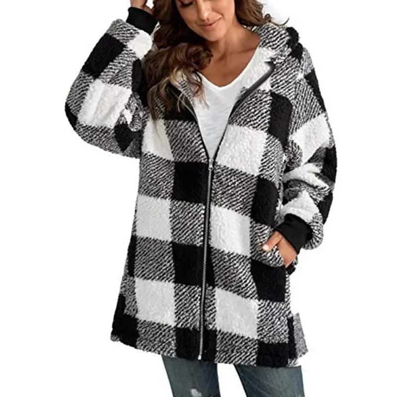 Women's Polar Fleece Long Sleeve Coat Fashion Plaid Casual Loose Pocket Zipper Hooded Coat Office Commuter Street Pullover Coat