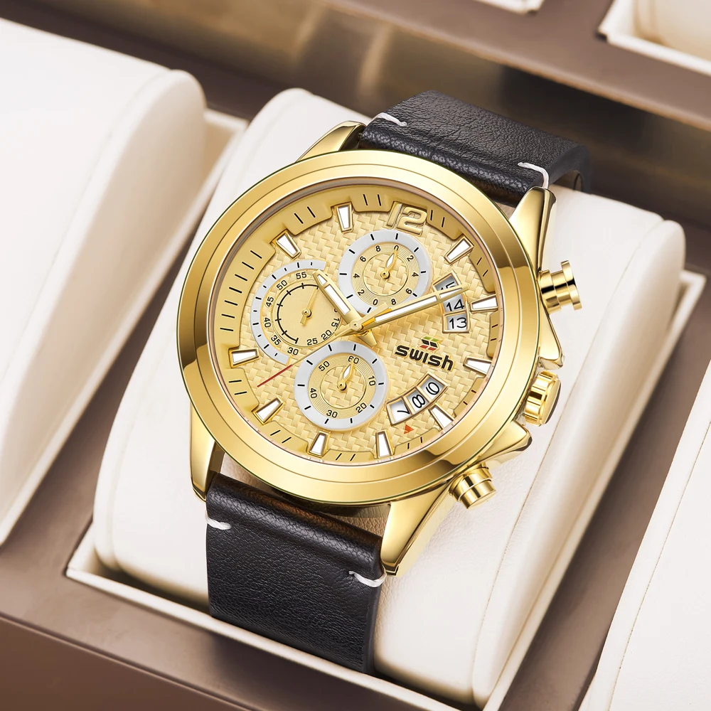 Sport Relogio Masculino Quartz Male Watch Chronograph Wristwatch Weekday Date Gold Big Dial Leather Band Luxury Multifunction