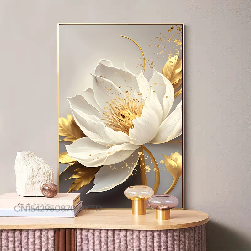 Gold Leaf White Blooming Flowers Poster Decorative Paintings Canvas Wall Pictures Living Room Modern Bedroom Home Decor Interior