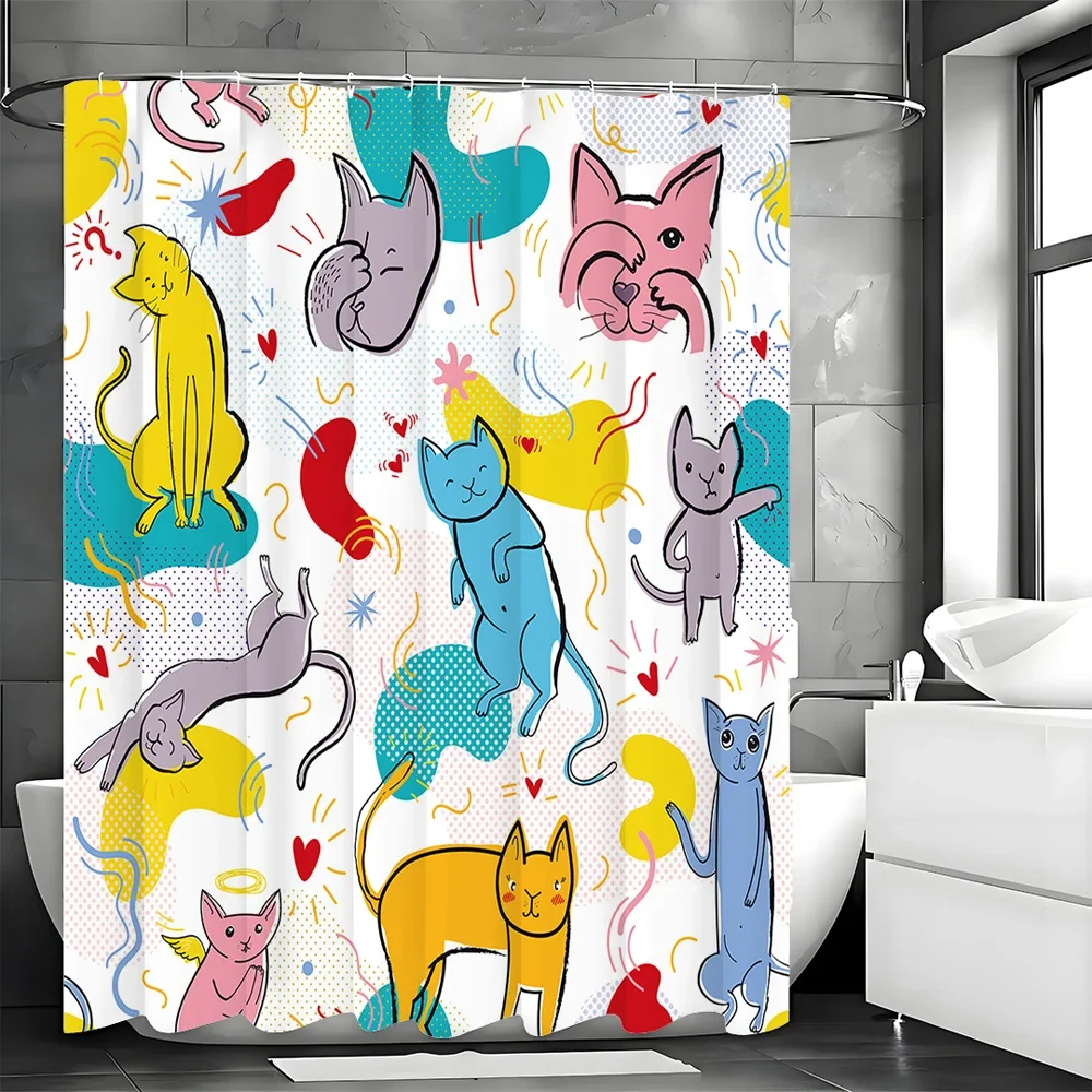

Красочная и необычная занавеска для душа с котами, декоративная занавеска для душа в ванной комнате, водонепроницаемая занавеска для душа с крючками 180x180 см