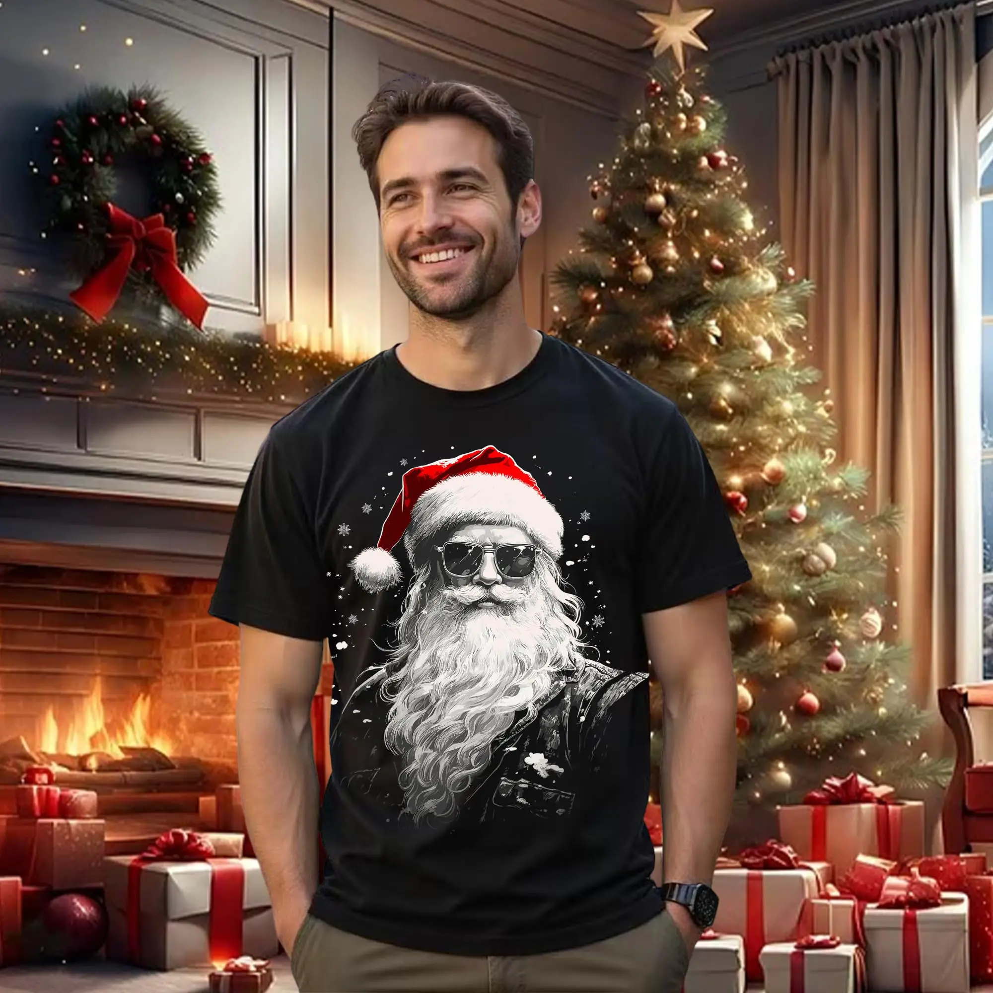 

2025 Summer Men's Christmas Shirt: Funny Santa Claus Round Neck Graphic High-quality Cotton Printed Short-sleeved T-shirt