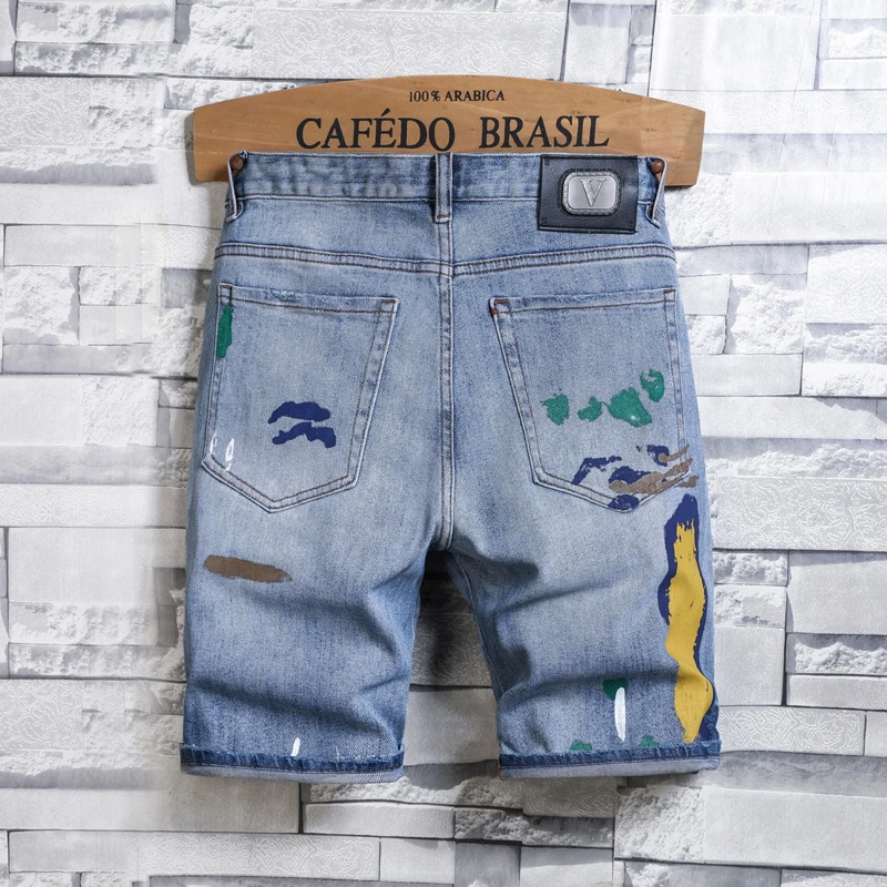 American paint printing denim shorts men's ripped summer slim fit elastic casual trend High Street pencil pants shorts