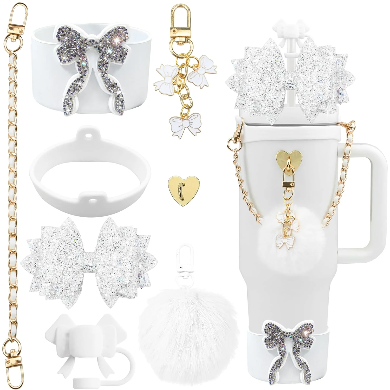 Floral Decorative Straw Topper with Small Flower Pom-Pom Silicone Sleeve Cup Key Pendant And Hand Str for Stylish Drinking Acces