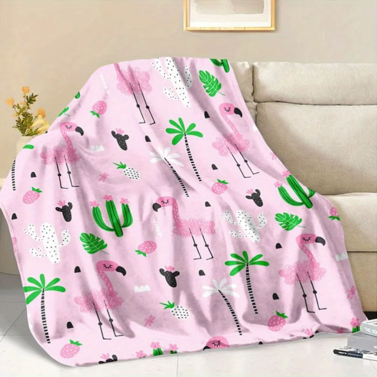 بطانية الفانيلا المطبوعة بالفلامنغو والصبار - دافئة ومريحة، مثالية للأرائك والمكاتب والأسرة والتخييم وعيد الميلاد. #2