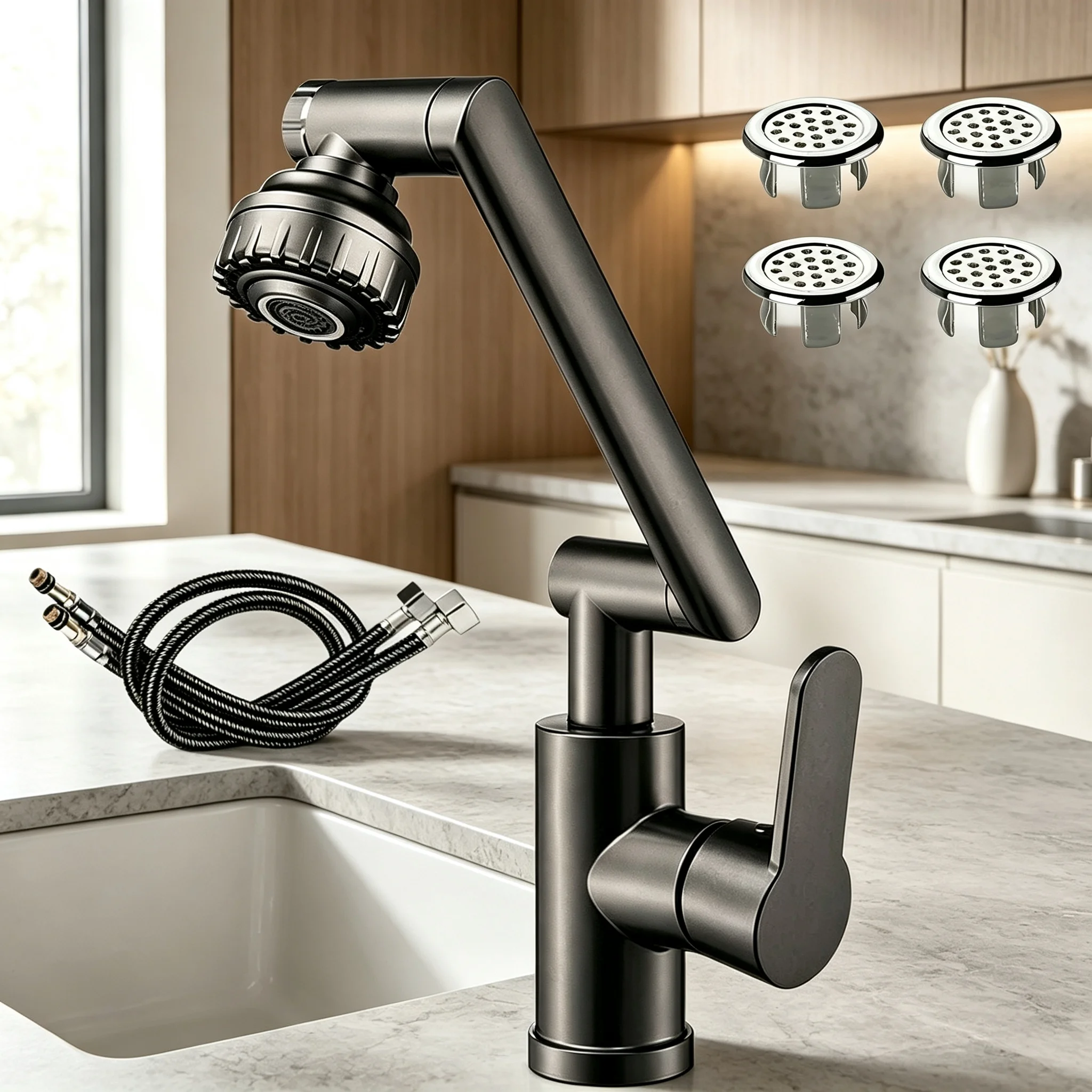 Matte Stainless Steel Kitchen Sink Faucet 720° Rotation Hot Cold Tap with 2 Pcs Water Hoses & 4Pcs Basin Overflow Rings