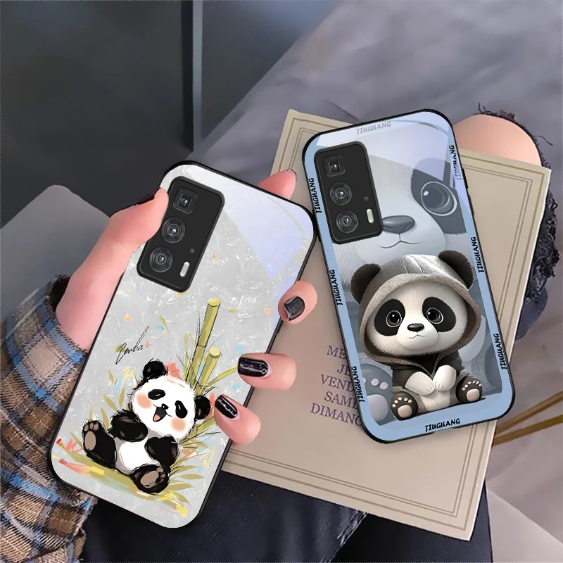 Q-version milk tea panda For Motorola Moto Edge 20 Lite 30 Pro 40 Neo 50 Ultra G Play G45 G54 G55 G75 G84 G85 Glass Phone Case