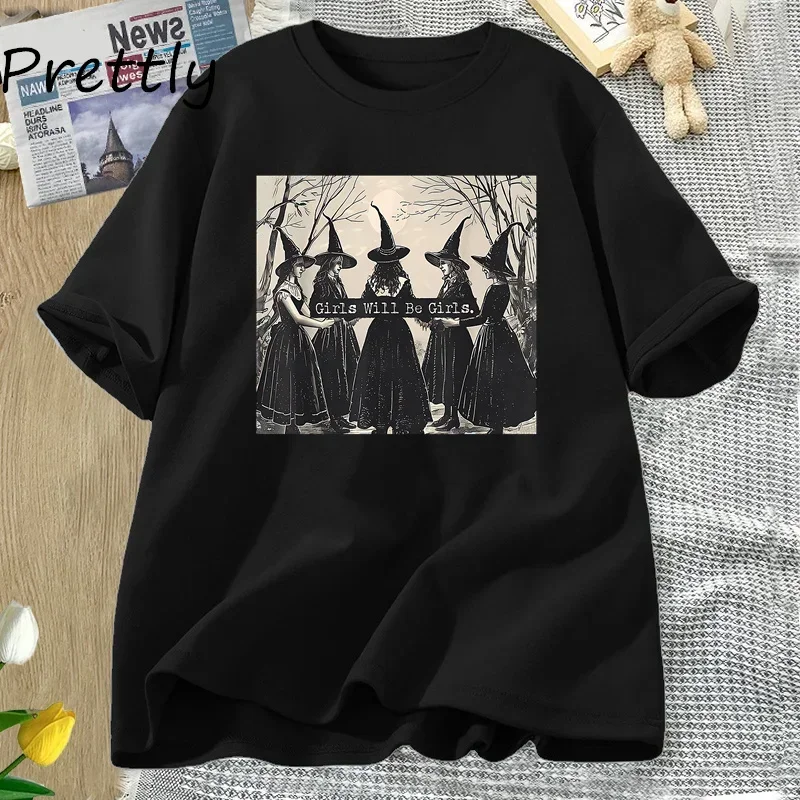 

Girls Will Be Girls Witch T-Shirt Women Funny Witch Halloween T Shirt Witchy Vibes Fall Retro Graphic T Shirts Cotton Clothing