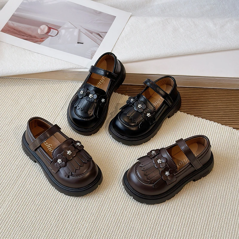 2026 Vintage Girls Platform Mary Jane Loafers School Uniform Kids Leather Shoes Tassel Flower Children Perform Party Dress Shoes