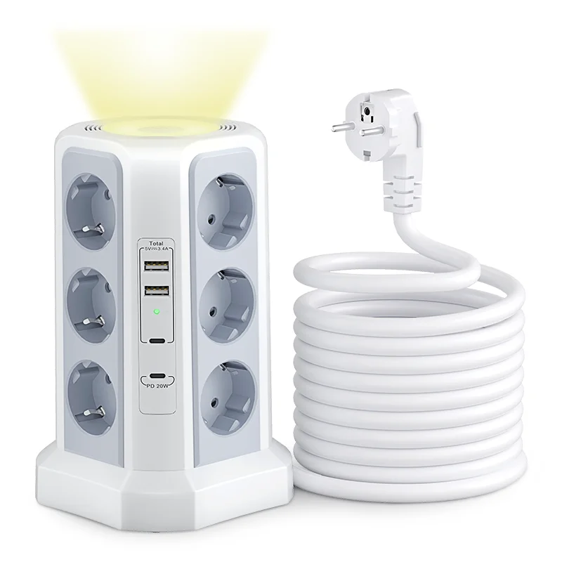 Surge Protector Multi-socket, 4000w, 16a, With 2 Usb A And 2 Usb C Ports, 2m Extension Cable, Gray Model With Night Light