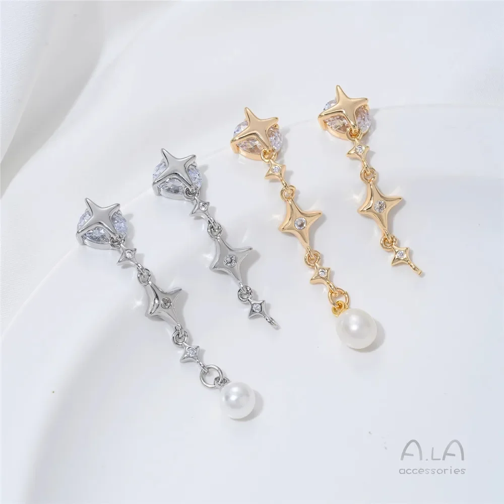 

14K Gold-plated Zircon Star-tipped Earrings Hanging Earrings Diy Sticky Pearl Earrings Handcrafted Jewelry Accessory Material