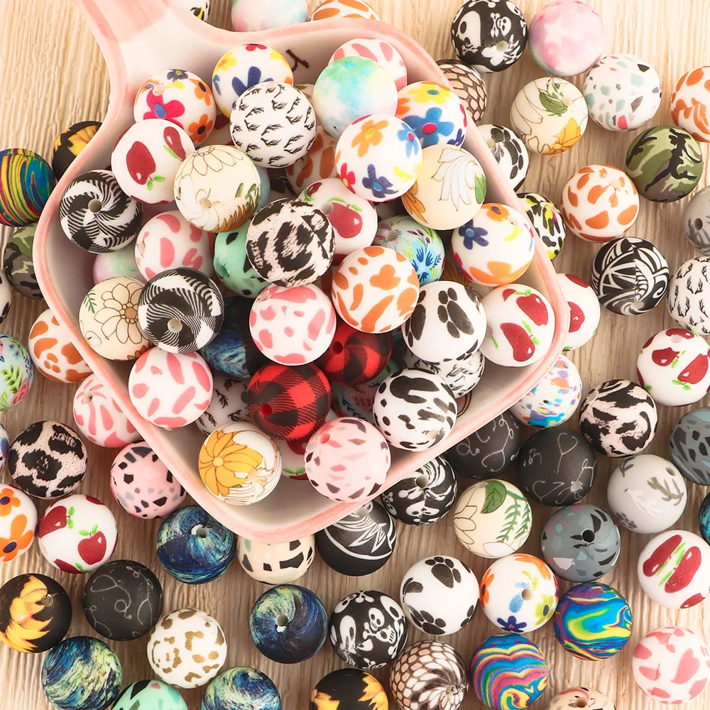 50-500Pcs Leopard Terrazzo Dalmatian Camo Silicone Beads Leopard Print 15MM/12MM For Jewelry Necklaces Making