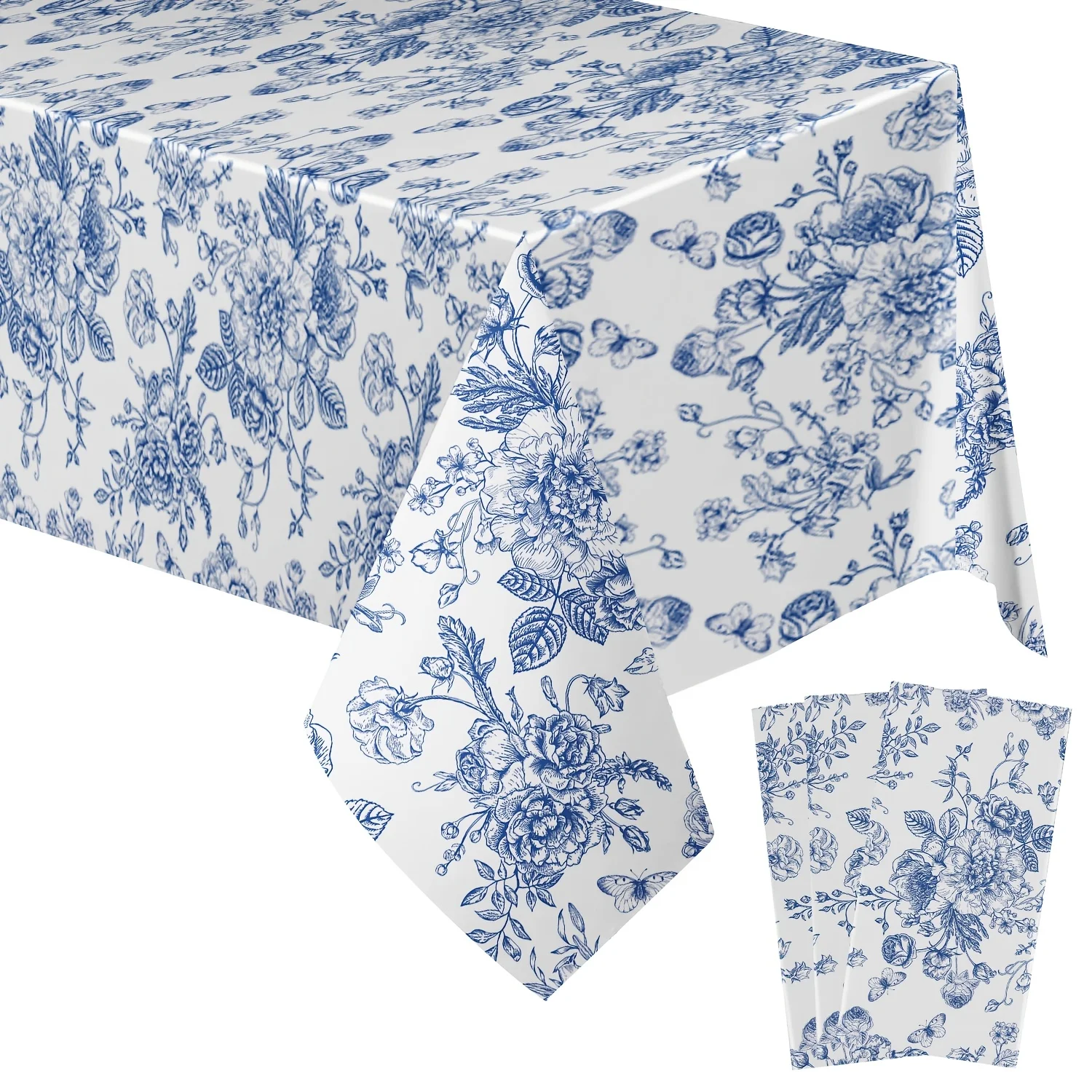 Blue Floral Toile Tablecloth Disposable 137x264cm Vintage Rose Print for Wedding Tea Party Decor Waterproof Easy Clean Classic