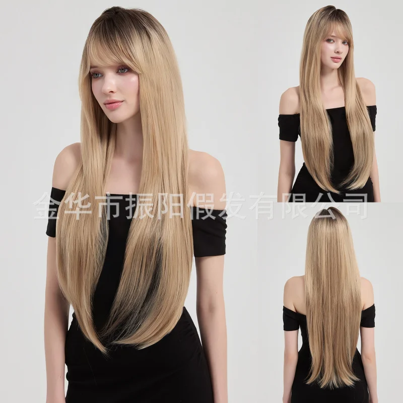 

Gradient light golden long straight hair casual style matte high-temperature silk women's styleable full head wig