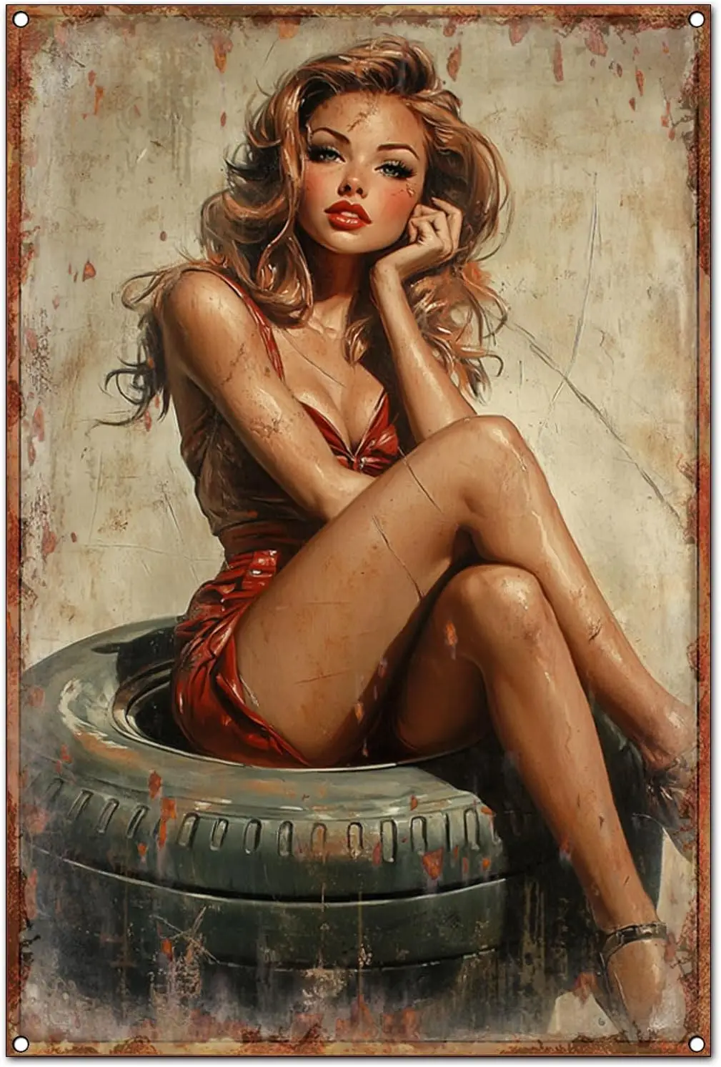 Vintage Retro Girl Theme Tin Signs Wall Art Decoration, The Girl Sitting On the Tire Print Poster, Funny And Unique