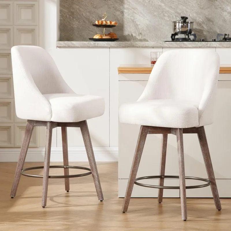 Counter Height Bar Stools Set of 2 with Backrest and Wooden Legs, Upholstered Linen Fabric, 26 Inch Seat Height Counter Stools