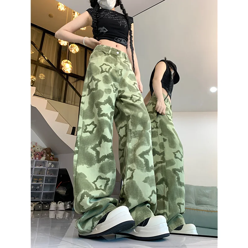 Green Womens Jeans High Waist Vintage Straight Baggy Denim Pants Streetwear American Design Sense Fashion Wide Leg Denim Trouser