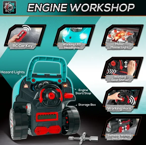 

Qaba Truck Engine Mechanic Toy | Includes 61 Pieces, Steering Wheel, Horn, Light, RC Car Key | Teal | for Ages 3-5