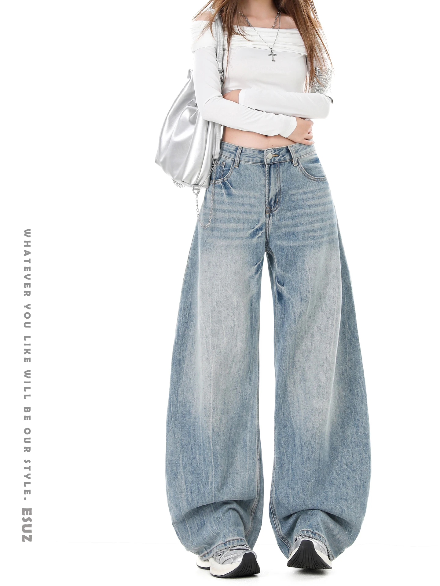 

American Retro Blue Wide Leg Denim Jeans Women's Autumn Winter New Style Heavy Wash Loose Slimming Versatile OFFCAT Jeans