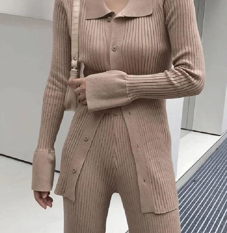 New Korean Fashion Two Piece Sets Womens Outfits Knitted Polo Collar Flare Sleeve Single Breasted Cardigan + Wide Leg Pants Suit