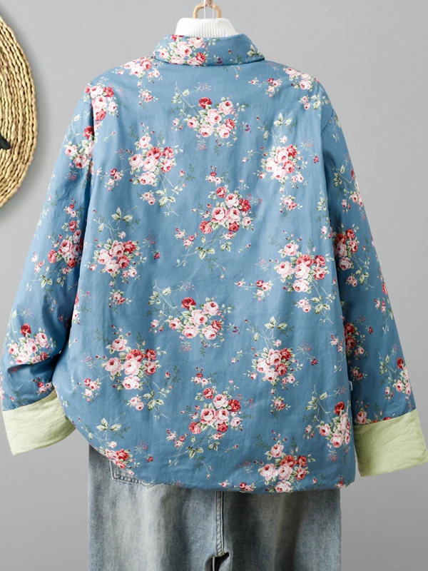 Thiened الدفء الجديد الصينية Sle القطن Jaet المرأة الخريف الشتاء معطف الأزهار طباعة طويلة Sve الوقوف طوق زر واحد