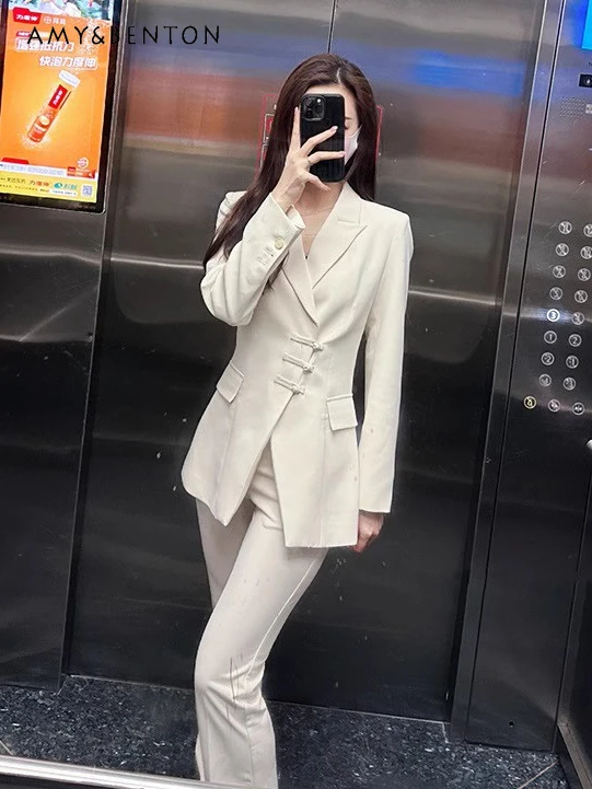 

OL Business Suit Spring Autumn High Sense Lapel Button Slim Suit Jacket Straight Pants Graceful 2 Piece Sets Womens Outfits